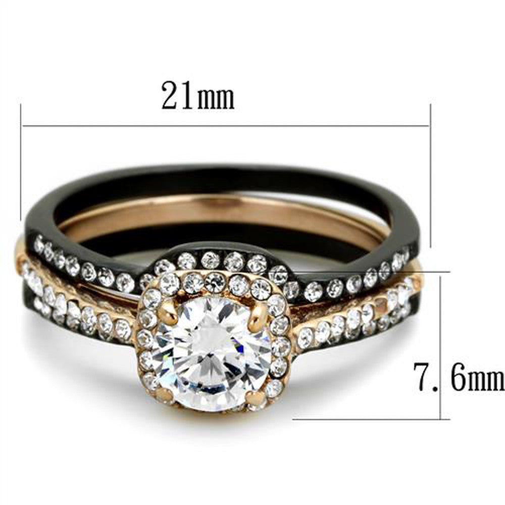 ST2020-ARTM32128 Hers & His 3 PC Rose Gold Stainless Steel Wedding Ring Set & Black Titanium Band